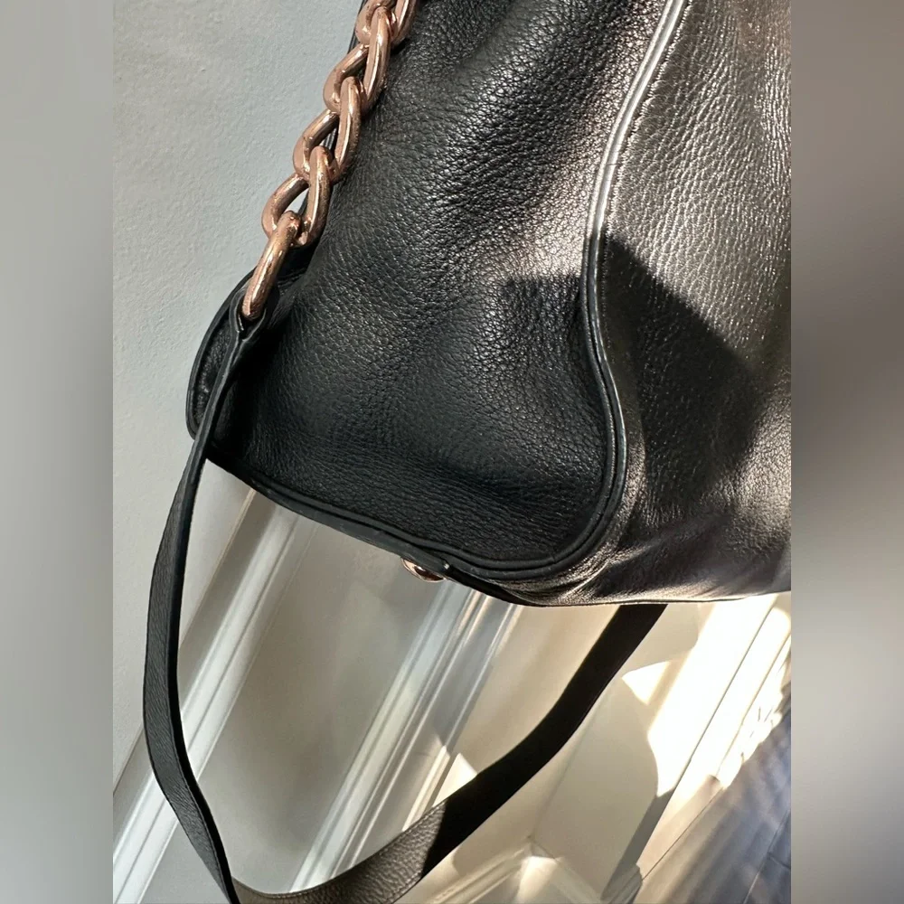 Michael Kors HAMILTON Black Pebbled Leather Satchel Tote Bag Rose Gold Hardware - Picture 14 of 17